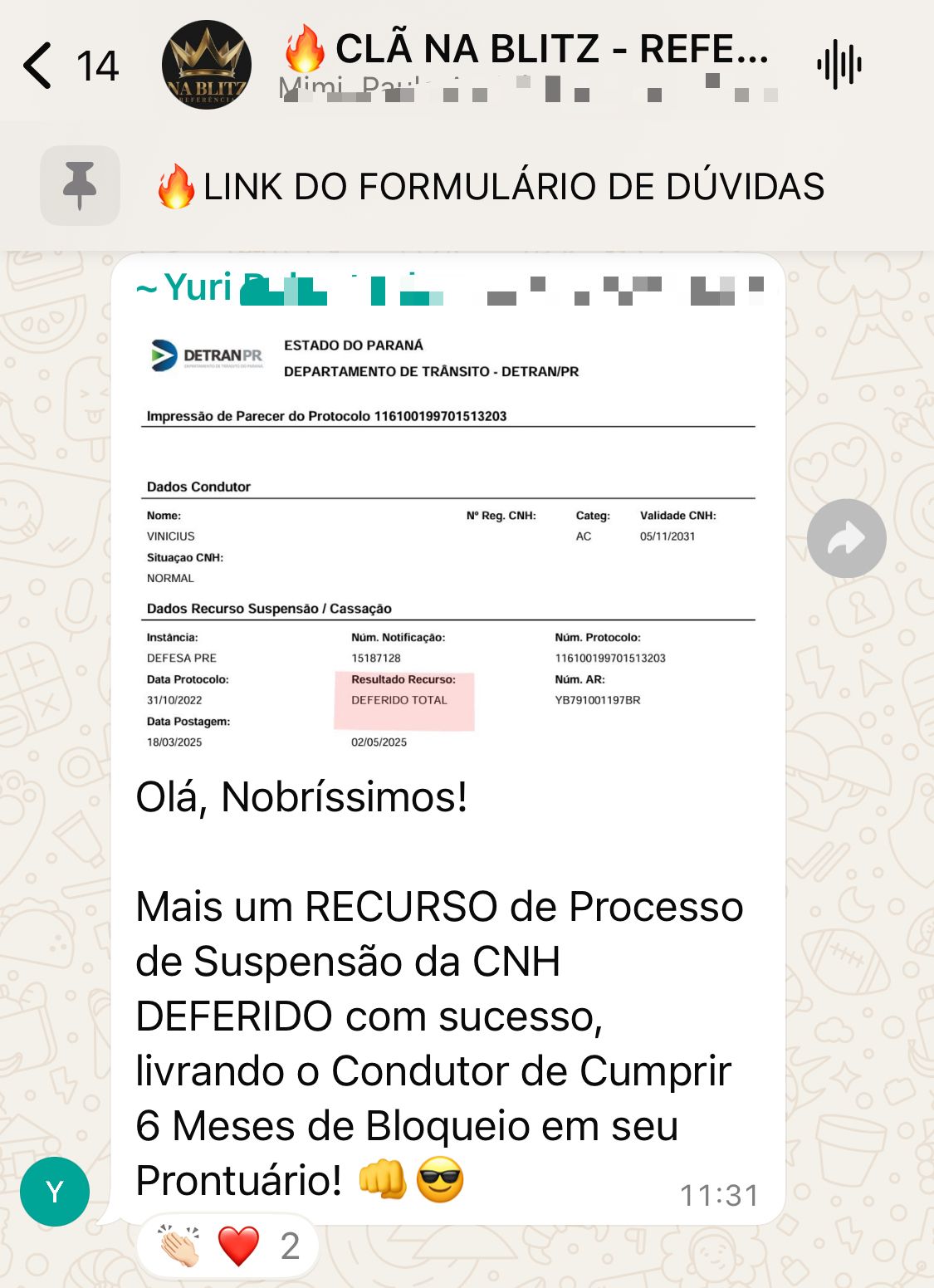 Parecer do DETRAN-PR com resultado deferido total